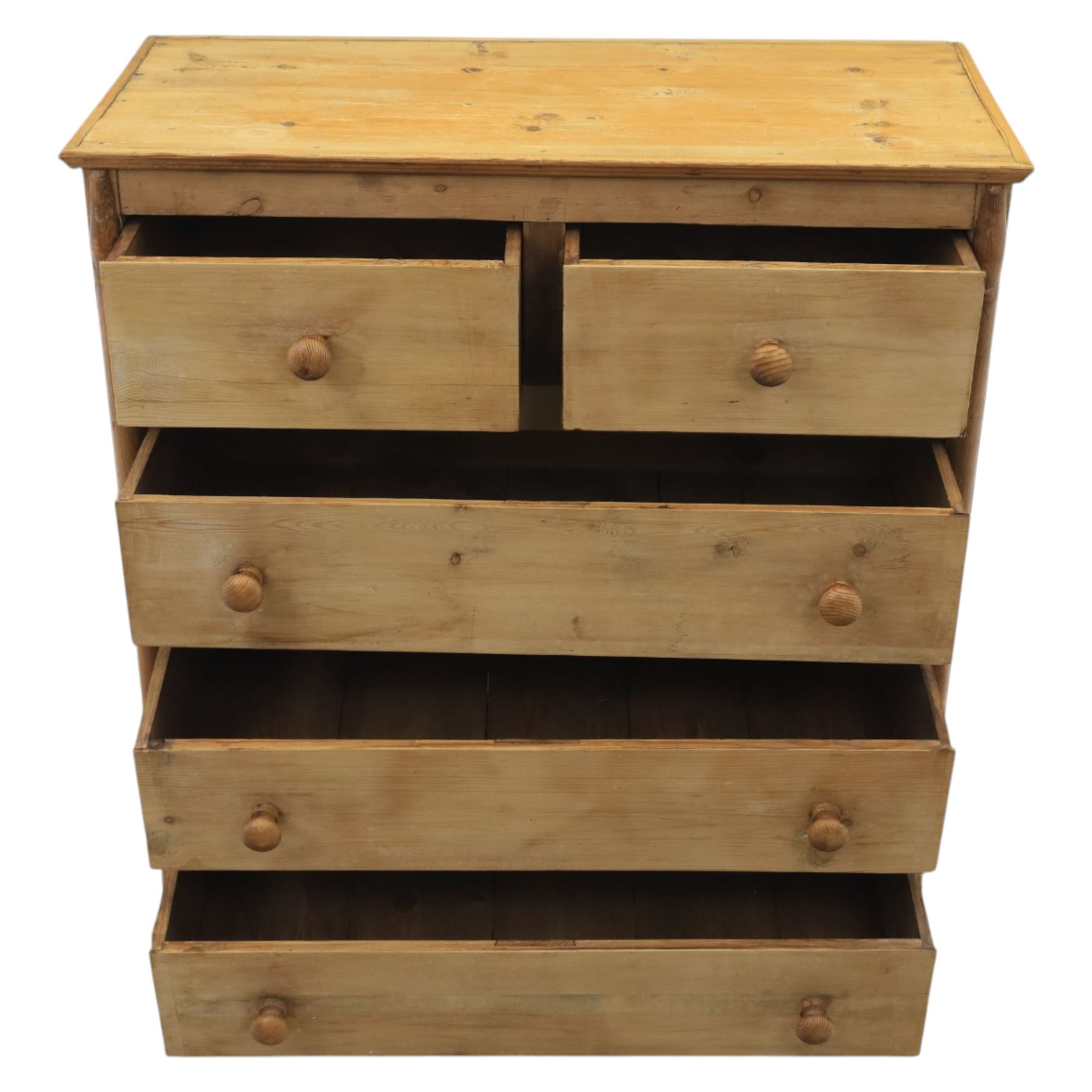 Victorian polished pine chest, straight front with panelled sides, fitted with two short and three long drawers, turned wooden handles