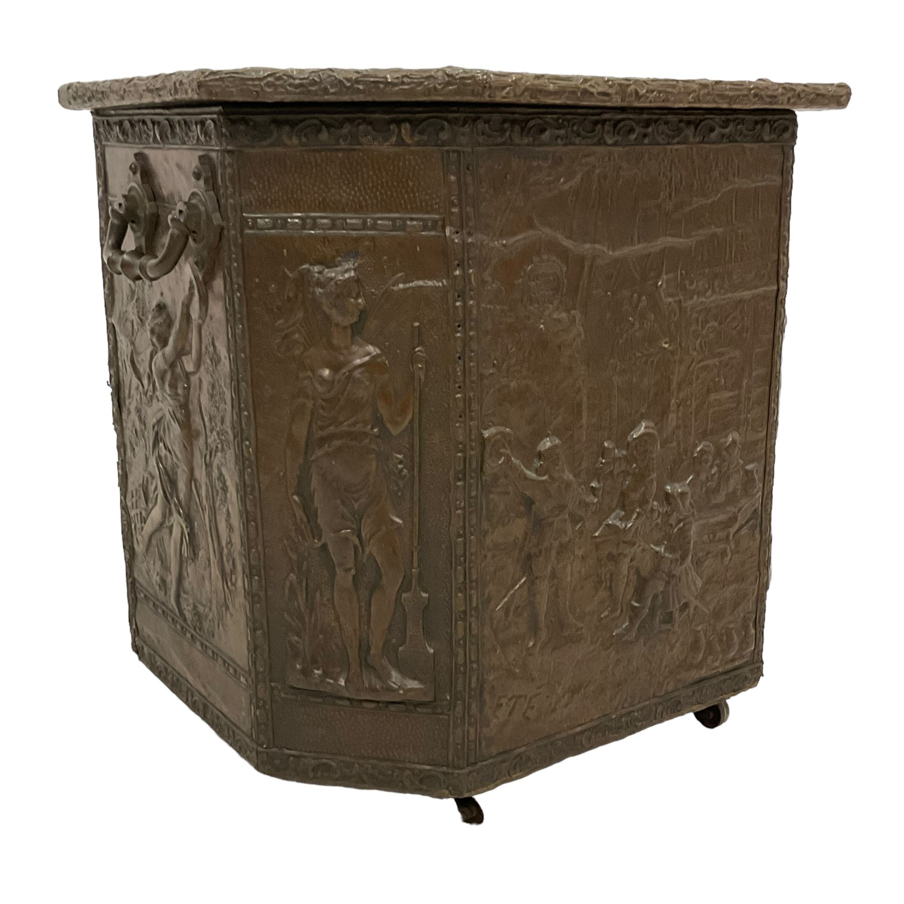 Large 19th century wooden and brass repousse coal box, rectangular form with canted front, enclosed by hinged lid decorated with figural countryside scene, the front panel depicting tavern scene at the 'Scours Contre la Soif' and initialled 'Ete', the remaining panels decorated with mythical scenes, with metal lining and hinged carrying handles, on castors
