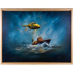 Dean Regan (Northern British 1960-): White Rose of Yorkshire - Whitby Waveney class lifeboat (1974-1988) at a rescue scene with a Westland Whirlwind helicopter, oil on canvas signed 76cm x 101cm 
