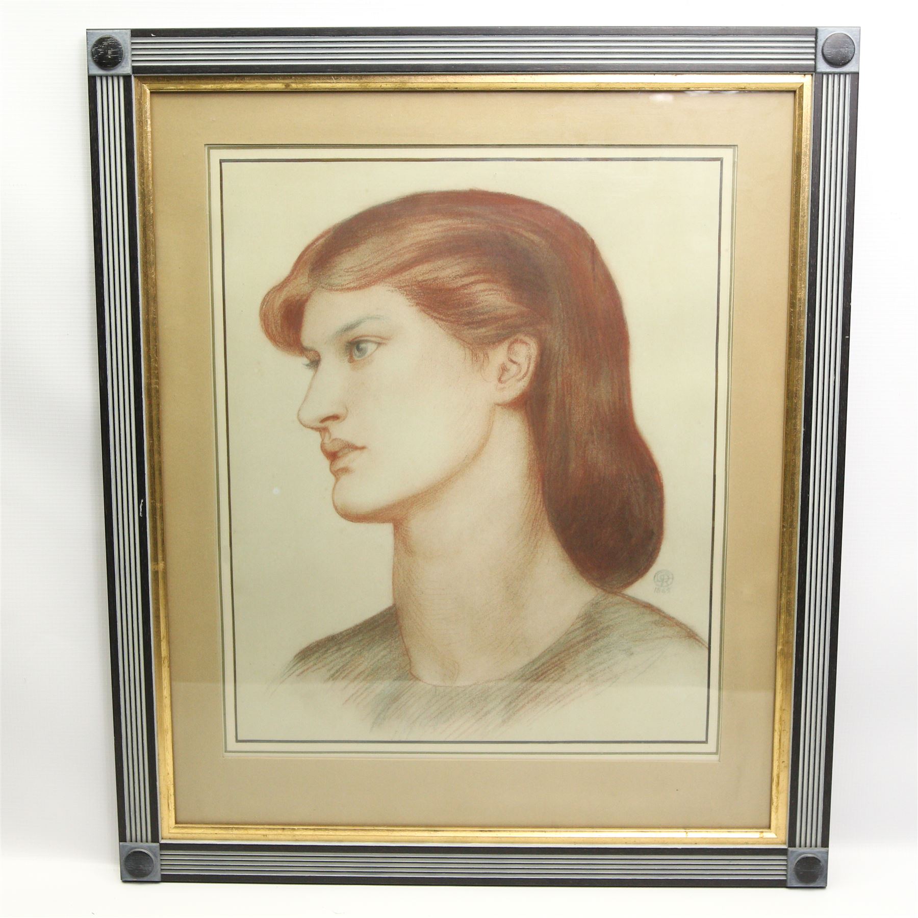 After Dante Gabriel Rossetti (British 1828-1882): Portrait of Alexa Wilding, colour print signed in the plate 44cm x 36cm
Notes: this frame held the original painting this print is after - it was held within this frame from its purchase in 1941 until it was sold at Sotheby's auction (12 July 2007, lot 14) when it was removed.