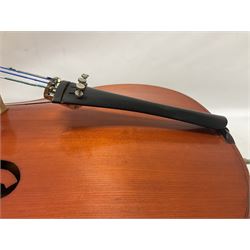 3/4 size cello with soft case, 69cm back length, 114cm full length, with bridge, ebonised tail piece and fingerboard.
