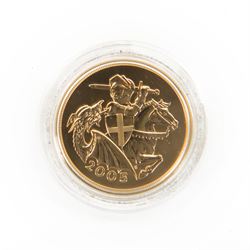 Queen Elizabeth II 2005 gold brilliant uncirculated five pound coin, encapsulated with certificate