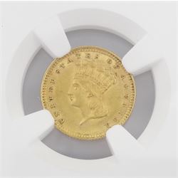 United States of America 1857 gold dollar coin, encapsulated and graded MS60 by NGC