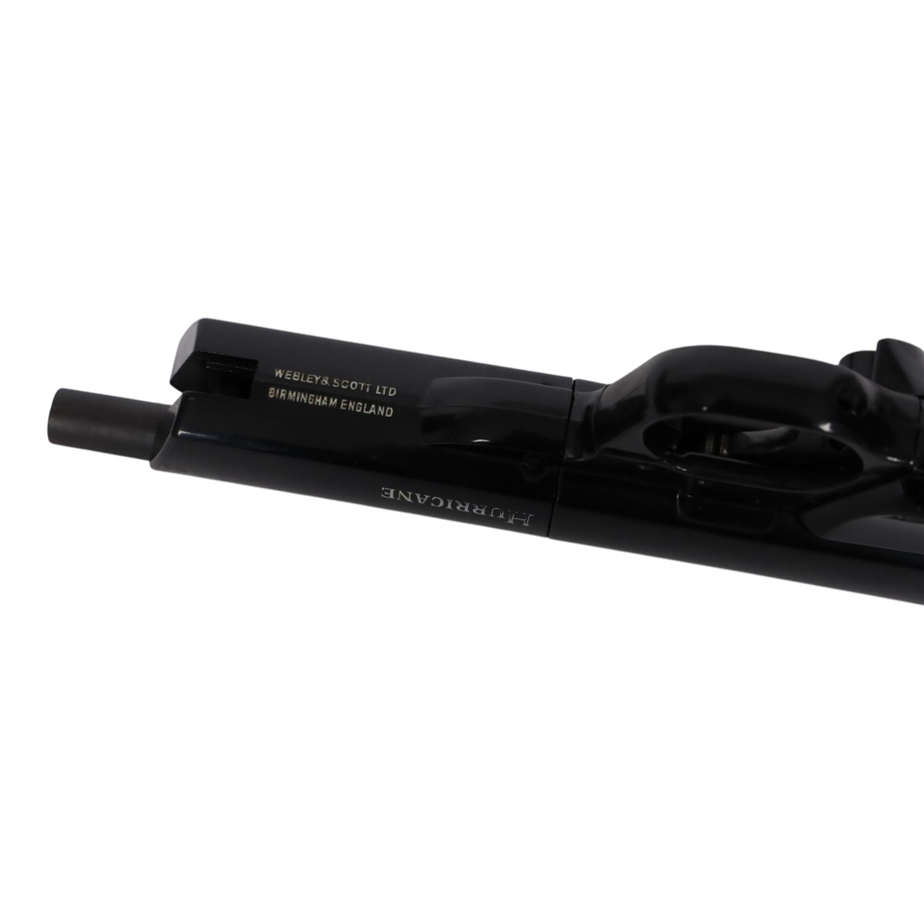 Webley Hurricane .177 air pistol, the chamber marked 'Hurricane' and 'Webley & Scott Ltd. Birmingham England' beneath, with front hooded sight and black checkered grip, H14cm, L28cm