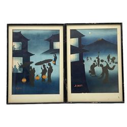 S Tomi (Japanese early 20th century): Dancing With Lanterns with Mt Fuji in Distance, pair woodblock prints signed 33cm x 24cm (2)