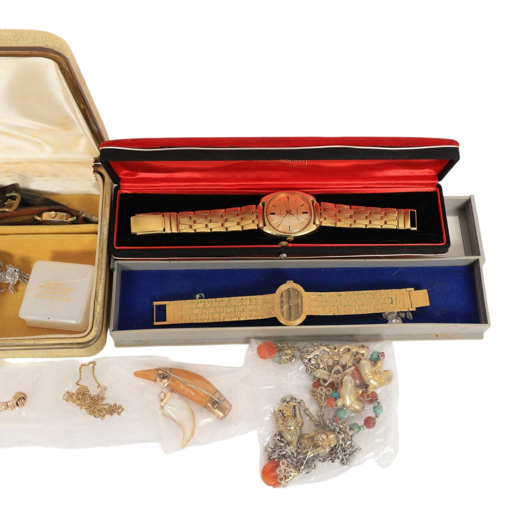 9ct gold jewellery, including resin tooth design brooch, mother of pearl claw design pendant, pair of stud earrings and a single earring, together with an 11ct gold chain, silver jewellery including charm necklace, a collection of costume jewellery and wristwatches
