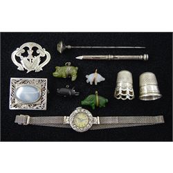Bernex silver wristwatch, on white gold bracelet, stamped 9ct, four stone set pig charms, silver propelling tooth pick, silver thimbles and a stone set brooch