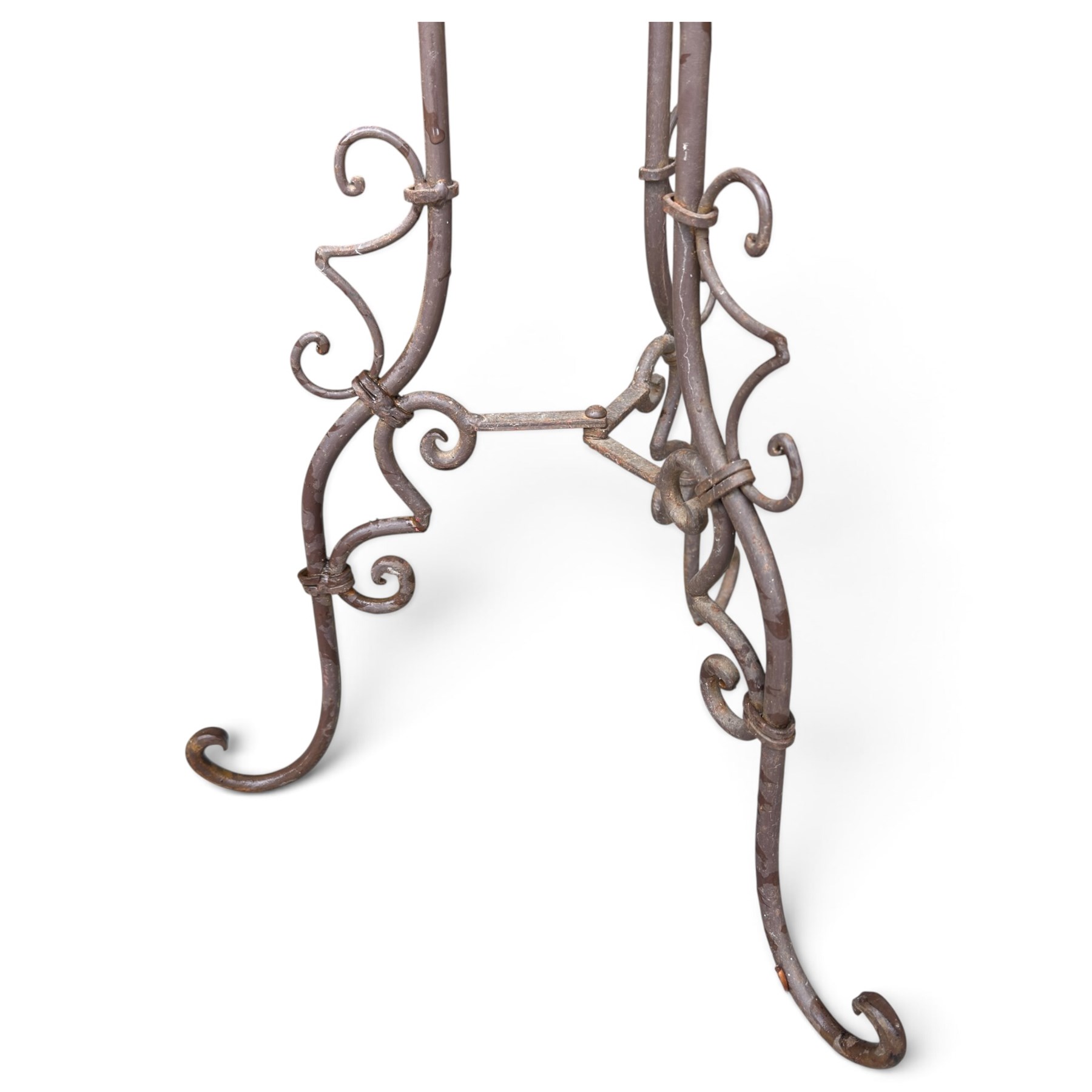 Three wrought iron garden basket planters, comprising a circular pierced and scrolling basket on tall tripod stand with scrolling supports (W31cm H76cm), and a pair of matching hanging baskets (W37cm H30cm)