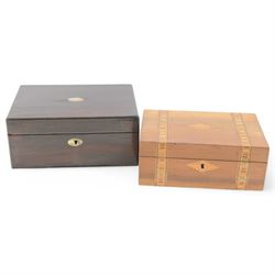 19th century walnut box, with Tunbridge style banding, together with another box 