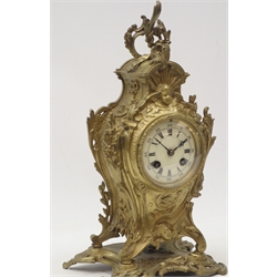  Early 20th century French gilt metal cartouche mantel clock, circular Roman dial, twin train 'Japy Freres' movement striking the hours and half on a bell, stamped 'A1 8957', H35cm  
