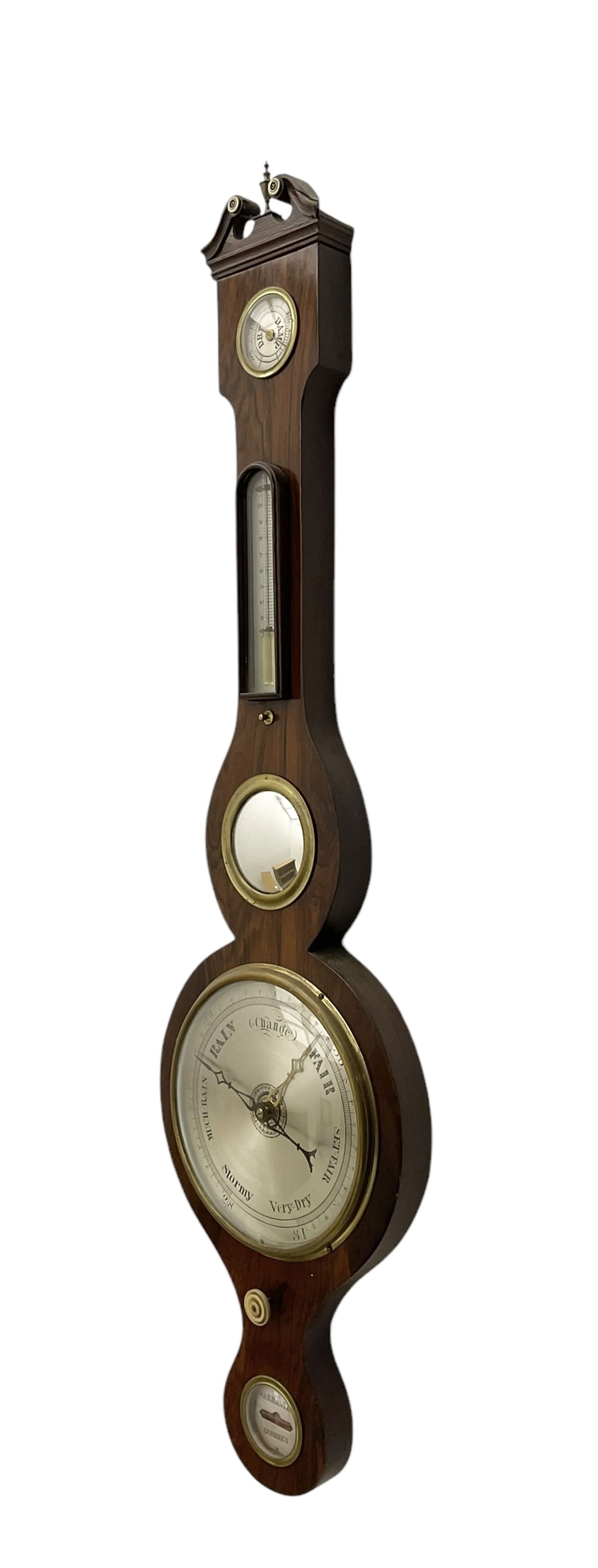 English - 19th century rosewood five-glass mercury wheel barometer c1880, with a swan necked pediment and round base, silvered hydrometer, temperature gauge, 8