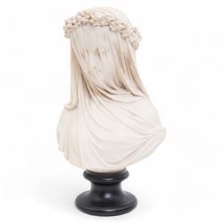 Composite marble bust, The Bride, after the Raffaele Monti, signed to underside 'A. Filli Firenze Italy', base inset with French Peter the Great 1717 medallion, H37cm