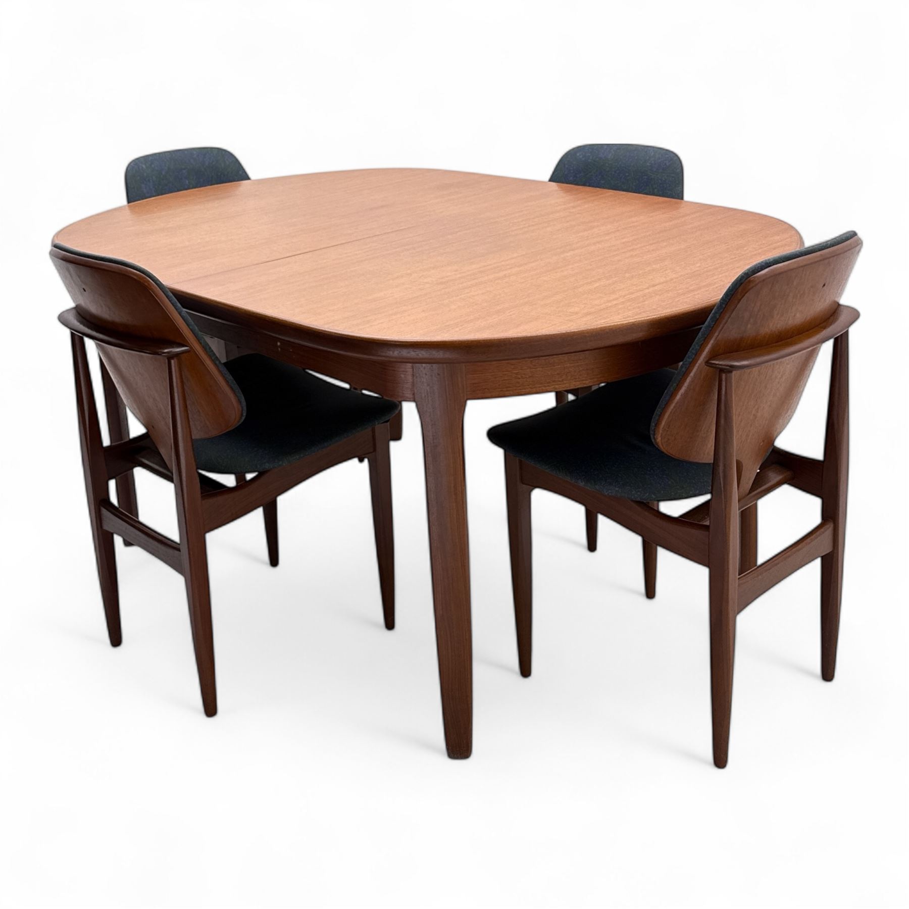 G-Plan - mid-20th century teak oval dining table, with butterfly leaf extension mechanism and four Elliot's of Newbury teak framed dining chairs upholstered in purple and green fabric, table un-extended width 152cm x depth 152cm x height 71cm, chairs 47x37x78cm 