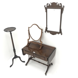  Small Regency style inlaid mahogany sofa table, two drawers, turned supports joined by single stretcher (W104cm, H51cm, D41cm) a mahogany jardiniere stand a dressing mirror and another mirror (4)  