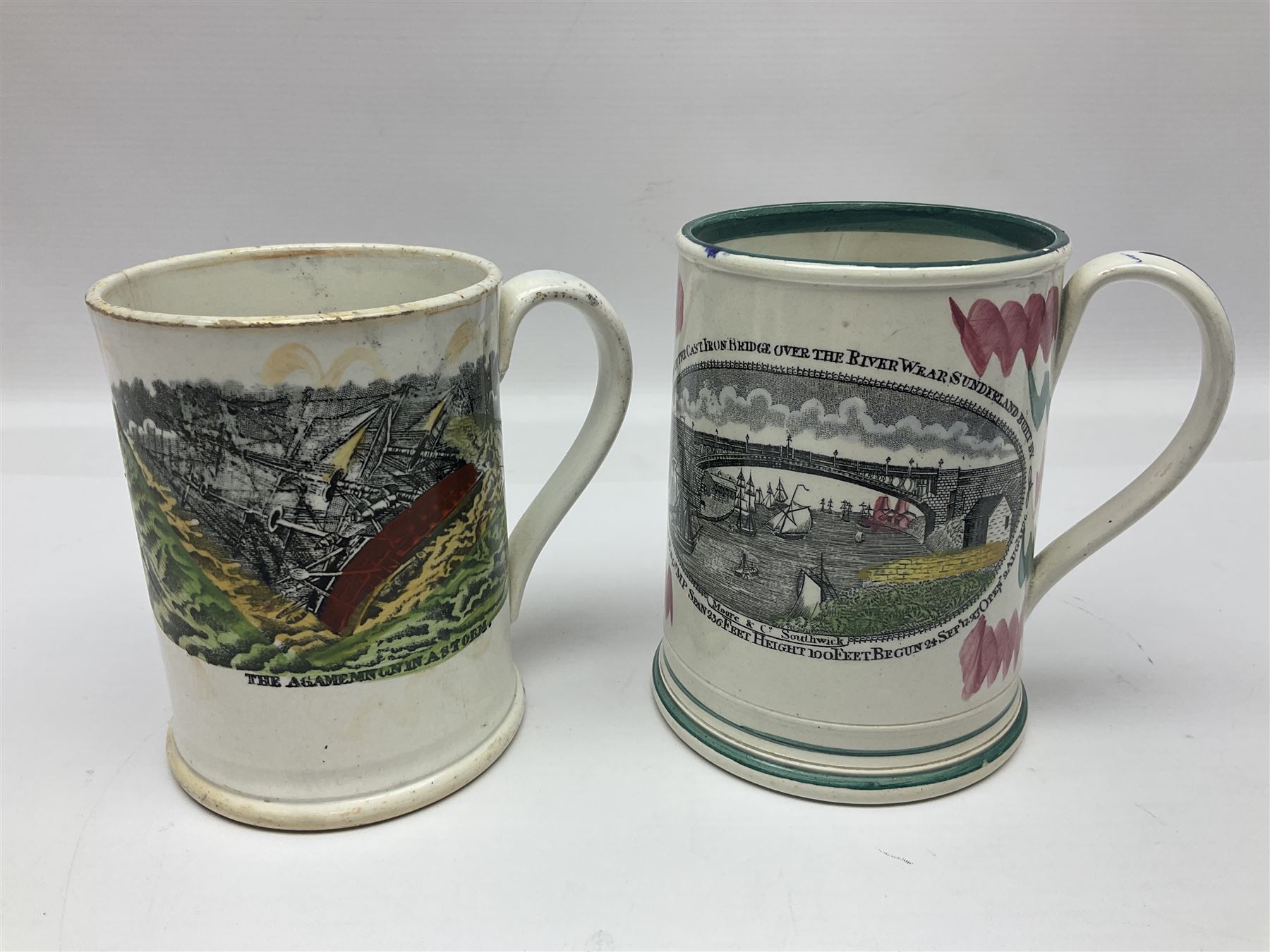 Staffordshire frog mug, depicting the ship Agamemnon in a storm, with lustre decoration and quote verso 'The sailor tost in stormy seas, though for his bark may roam, still hears a voice in every breeze, that wakens thoughts of home, he thinks upon his distant friends, his wife, his humble cot, and from his inmost heart ascends, the prayer Forget Me Not.', together with a similar later frog mug, depicting the 'west view of the cast iron bridge over the River Wear Sunderland', tallest H12.5cm