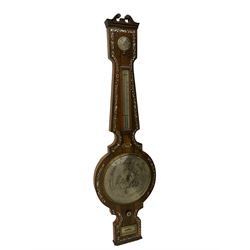 A Victorian rosewood mercury barometer with a swan’s neck pediment and brass finial, edge of the case profusely inlaid with mother of pearl inlay, 10” silvered dial with decorative engraving depicting a windmill and cottage to the centre, mercury syphon tube recording barometric air pressure from 28-31 inches with weather predictions, dial inscribed “Warranted” “ Hull” “Agostino Maspoli”, with a steel indicating hand and brass recording hand within a convex glass and cast brass bezel, circular hygrometer and boxed mercury thermometer indicating the temperature in degrees Fahrenheit, rectangular level bubble and recording hand setting disc. 
The Italian Maspoli family were prolific makers of  barometers, mathematical, philosophical and optical instruments in 19th century Hull, working from 49 Salthouse Lane (1826-31), 79 Lowgate (1835-55) and Robinson Row (1839-1859) They are also recorded as watch and looking glass makers. 
      
