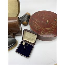 A group of assorted collectables, to include a small framed and glazed nineteenth century alphabet sampler, late 19th/early 20th century Japanese lacquer box, of circular form the cover decorated in gilt with cranes in flight, D24cm, two Art Deco style cheroot holders turned wooden needle case, trench art shell case detailed Sherwood Foresters Worksop College O.T.C, silver plated hip flask, papier-mâché pot, etc. 