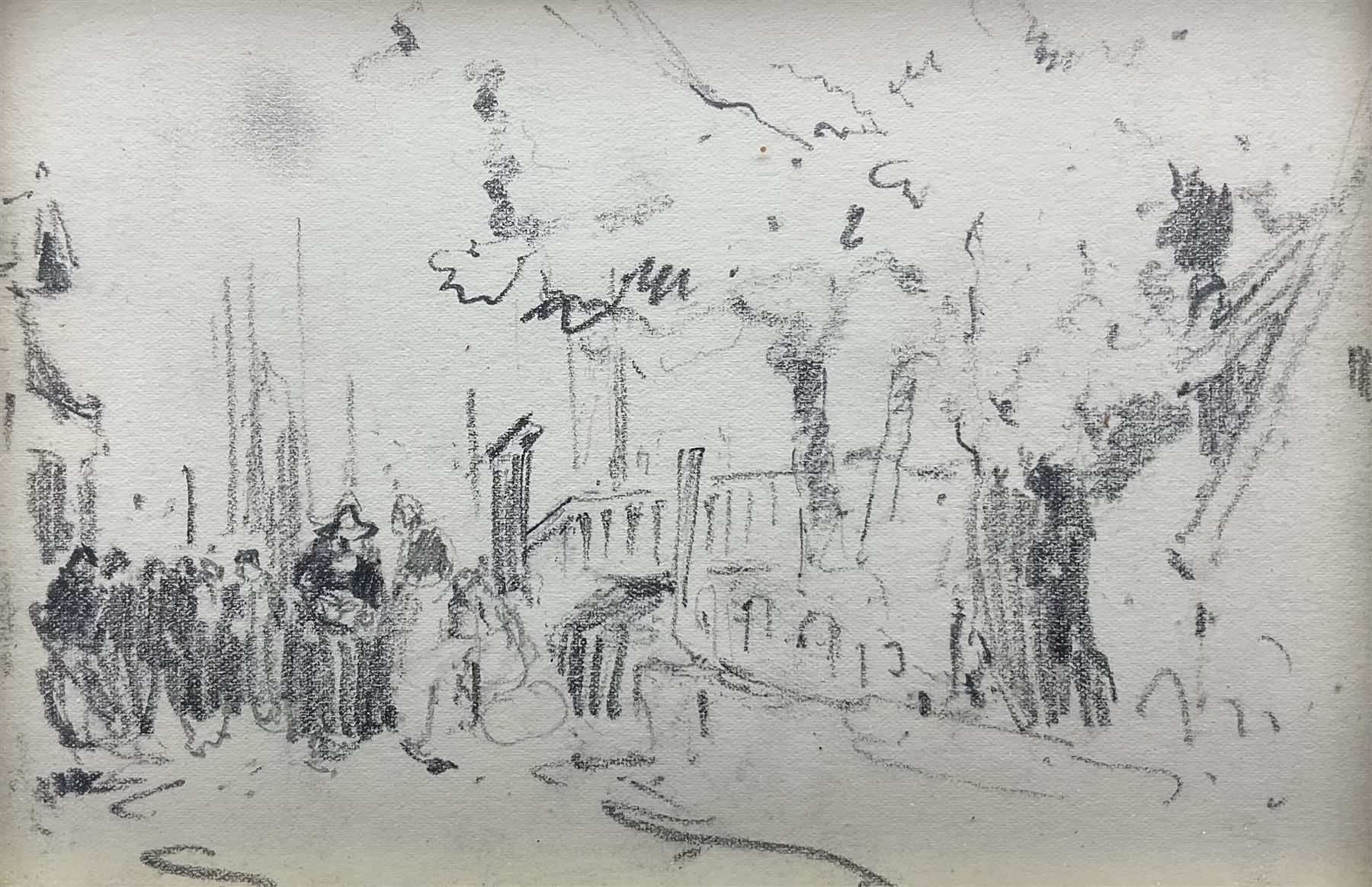 Owen Bowen (Staithes Group 1873-1967): Gathering in a Park - Holland, pencil sketch unsigned, inscribed verso 12cm x 17cm 