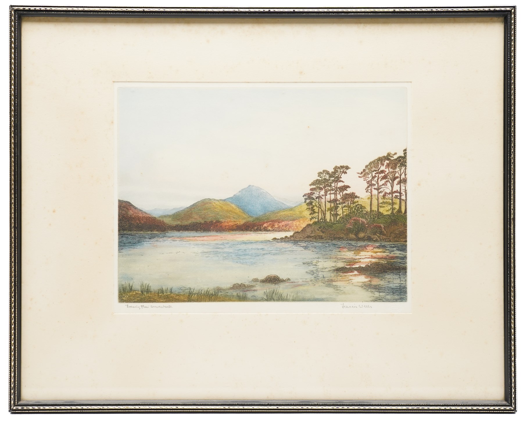 Edward Francis Wells (British 1876-1952): 'Evening Flow - Derwentwater' and 'Ullswater', two etchings with aquatint signed and titled in pencil, stamped with Rembrandt Guild Artists Proof blindstamp; D le Roux (20th century): Mountain Valleys, pair of watercolours signed, together with three other pictures including York-themed etchings max 22cm x 30cm (7)