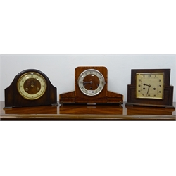  Art Deco walnut and chrome cased mantle clock with silvered Arabic chapter, Haller triple train movement chiming the quarter hours on rods, H23.5cm, an Art Deco oak cased half hour strike mantel clock, H22cm and an Elco walnut cased half hour strike mantel clock, H22cm (3)  