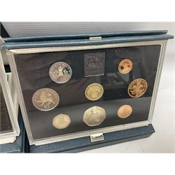 Nine The Royal Mint United Kingdom proof coin collections, dated two 1984, 1985, 1986, two 1988, 1989, 1990 and 1991, all in blue cases with certificates