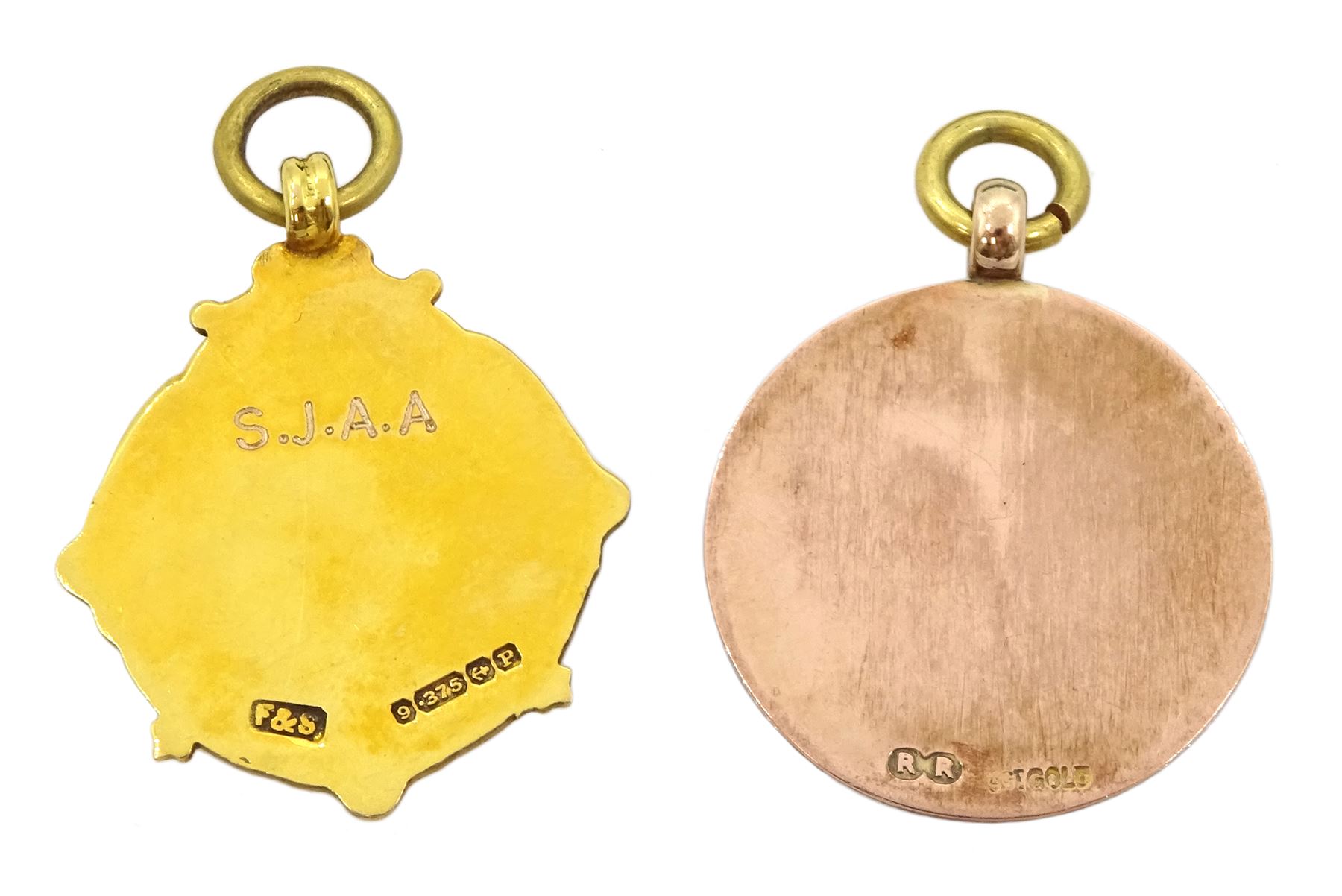 Gold medical fob medallion, Birmingham 1939 and one other rose gold cricket medallion, both 9ct