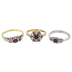 Two early-mid 20th century stone set gold rings, stamped 18ct and a 9ct gold cubic zirconia cluster ring, hallmarked