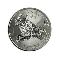 Ten Queen Elizabeth II Canada one ounce fine silver five dollar coins, including 2012 'Majestic Moose' 2016 'Superman', 2018 'Maple Leaf', 2019 'Maple Leaf', etc
