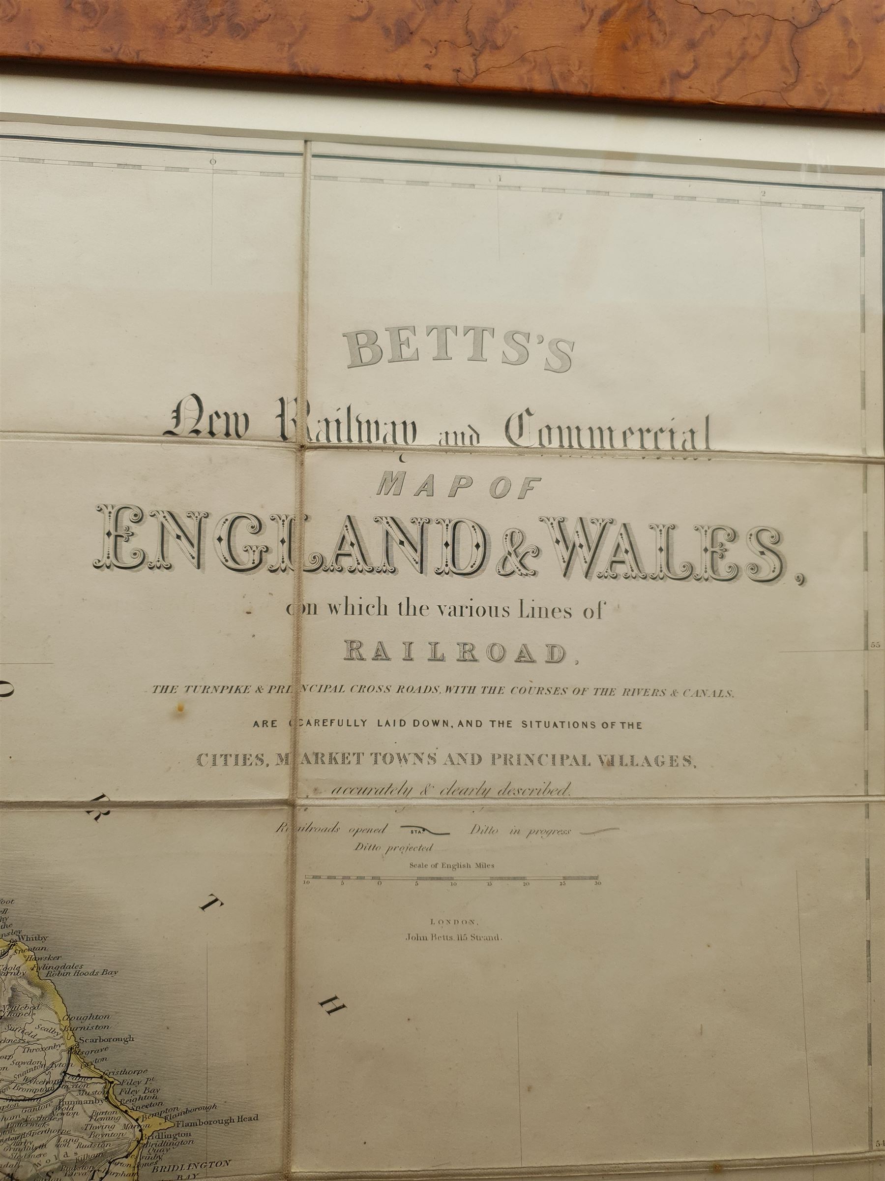 John Betts (British 19th century): 'Betts's New Railway and Commercial Map of Enland & Wales', enraved map witl later hand-colouring pub. 1847 formed as 36 sheets mounted onto linen 92cm x 76cm overall