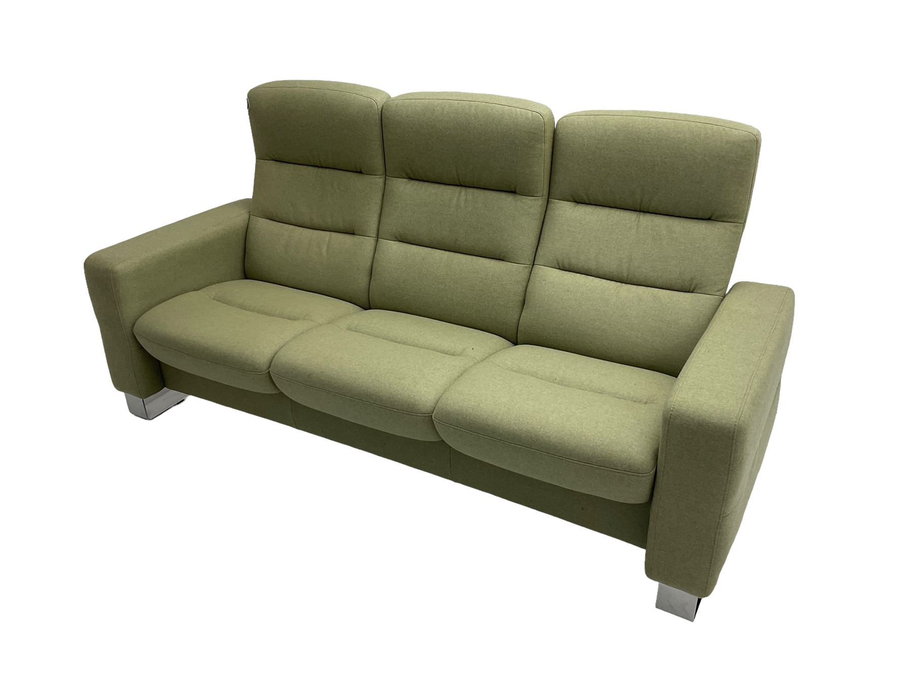 Ekornes Stressless - three seat reclining sofa upholstered in pale green fabric (198cm x 82cm x 100cm), Ekornes Stressless - matching two seat reclining sofa (144cm x 82cm x 100cm), Ekornes Stressless - storage ottoman with hinged seat upholstered in pale green fabric (60cm x 60cm x 42cm)