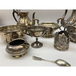 Twin handled silver plated bowl retailed by Harrods, together with two 19th century coffee pots, pewter milk jug and other metalware   