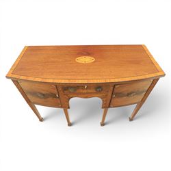Regency design mahogany bow-front sideboard and dressing mirror, the sideboard with satinwood stringing, central frieze drawer over shaped apron flanked by cupboard doors with oval satinwood line inlaid decoration and circular pressed brass handles, on square tapering supports, the dressing mirror fitted with two drawers to the base (Mirror H 47cm, D 19cm, W 47cm)