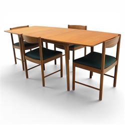 A.H. McIntosh - Mid-20th century teak extending dining table and four chairs, teak top table with internal fold over leaf extending to 193cm, raised on cylindrical tapering supports