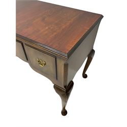 George III design mahogany low boy, rectangular top fitted with three drawers, raised on cabriole supports with shell moulding, with pad feet