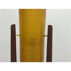 Mid century floor standing rocket lamp, the spun cylindrical orange fibreglass shade supported by three tapering teak legs, together with a matching small cylindrical shade, lamp H112cm
