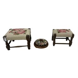 Mahogany valet stand; mahogany dressing stool with cabriole supports; three footstools with tapestry seats; Georgian design chair on castors (6)