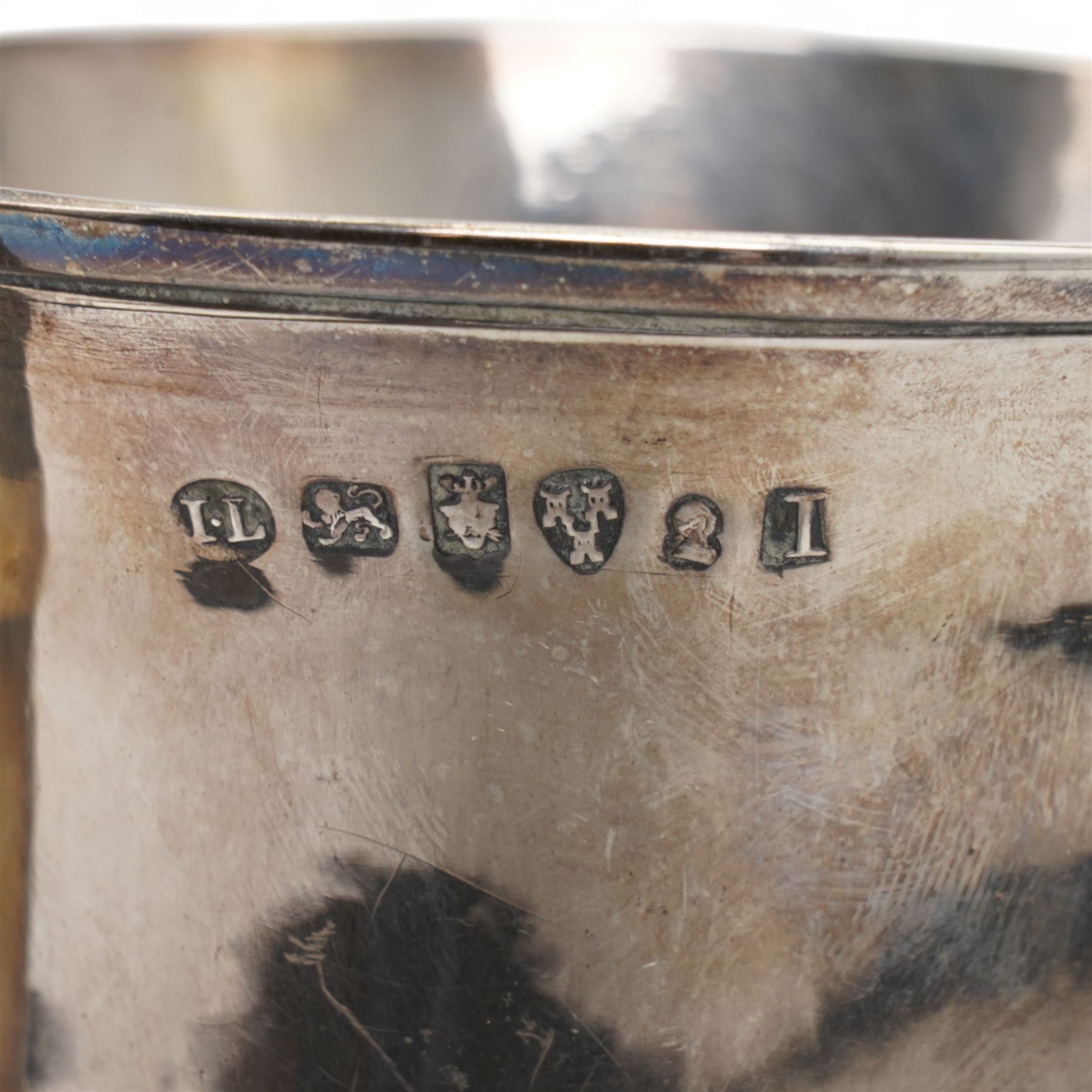 George III provincial silver two handled mug of baluster form engraved with initials, with reeded loop handles H14cm Newcastle 1799 Maker John Langlands II