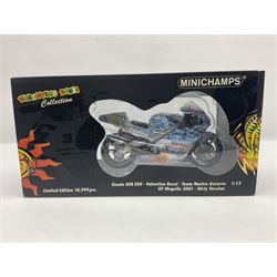 Two Minichamps limited edition Valentino Rossi Collection 1:12 scale die-cast motorcycles - Honda NSR500 Valentino Rossi Team Nastro Azzurro GP Donington 2000 with rider; and Honda NSR500 Valentino Rossi Team Azzurro GP Mugello 2001 Dirty Version; both boxed (2)