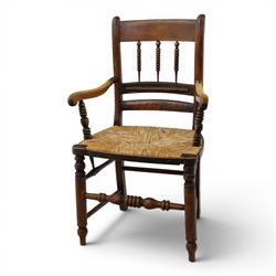 19th century elm chair, with curved top rail and bobbin turned spindles, woven rush seat, ...