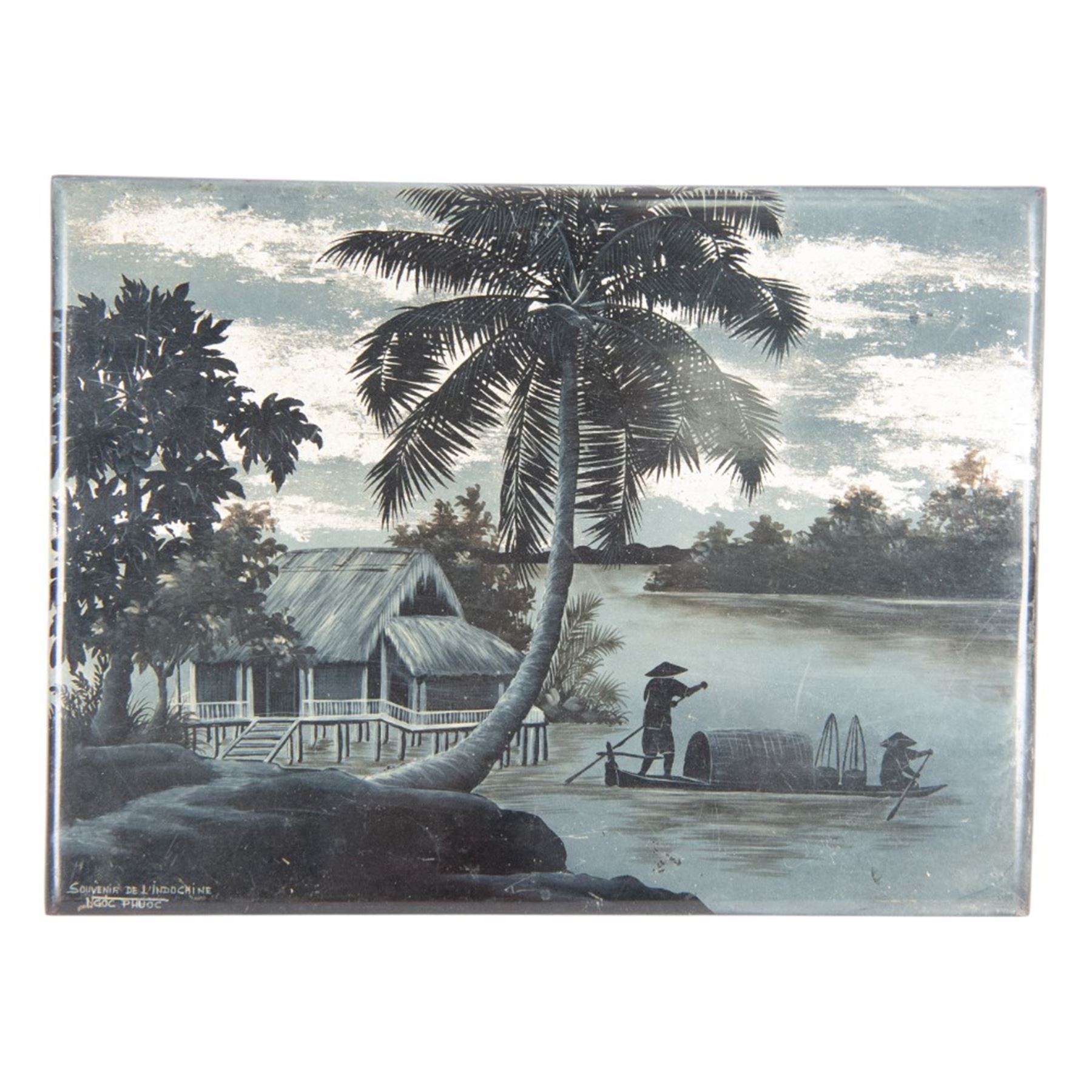 Two French Indochinese period paintings on wood, depicting riverscapes, together with French Indochinese poster, circa 1947-58, paintings H30cm, L40cm