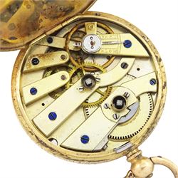 Early 20th century 14ct gold open face, key wound cylinder fob watch, engraved gilt dial with Roman numeral hour markers, case with engraved foliate decoration, stamped 14K