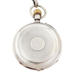 Early 20th century silver open face keyless cylinder pocket watch, 'Examined by Barraud & Lunds, London', No. 4764, white enamel dial with Roman numeral hour markers and subsidiary seconds dial, Swiss hallmark, on silver Albert chain