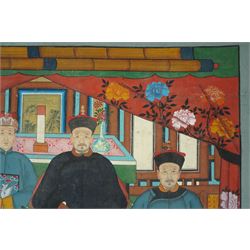 Large and impressive Chinese ancestral portrait, late Qing dynasty, gouache on stitched canvas with gilded highlights, showing thirty-eight sitters across four registers, the principal ancestors depicted before an altar table holding various ritual items, each in official dress and many wearing Golden Pheasant (Second-rank) and Silver Pheasant (Fifth-rank) Mandarin squares or 'buzi', overall 190cm x 131cm 
