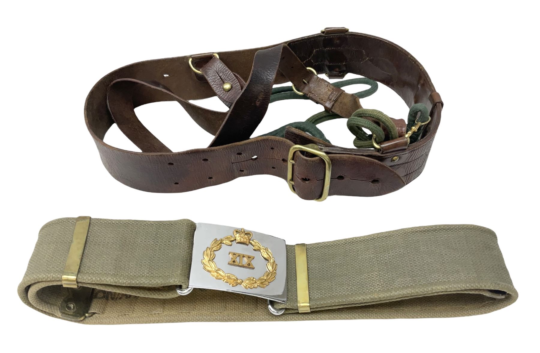 British Army Officers Sam Browne leather belt with shoulder strap; and webbing belt with Potter London Staybrite buckle for 19th Regiment of Foot (Green Howards) with various markings (2)