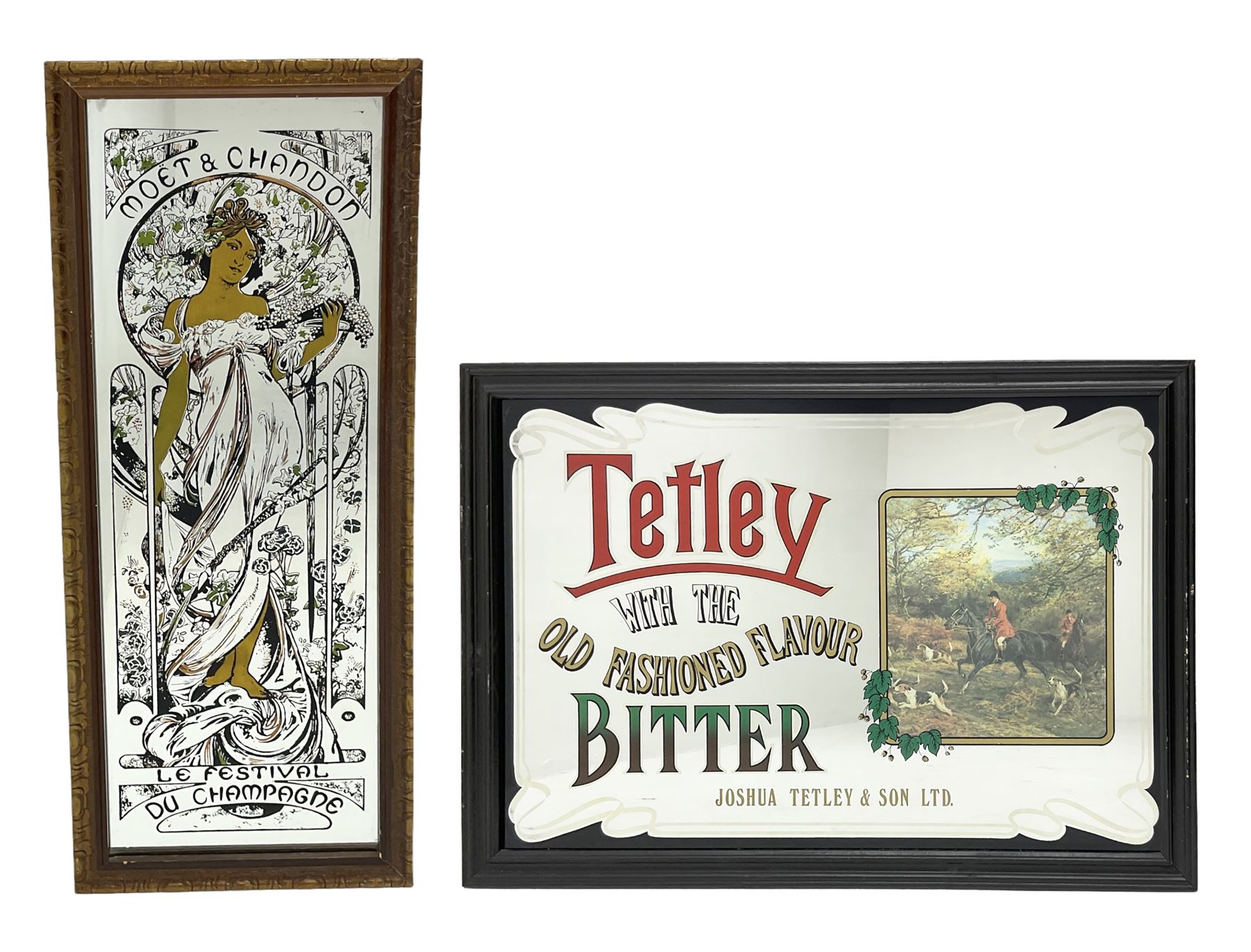 Art Nouveau style Moet & Chandon advertising mirror, together with a Tetley bitter advertising mirror, Tetley H63cm, L89cm