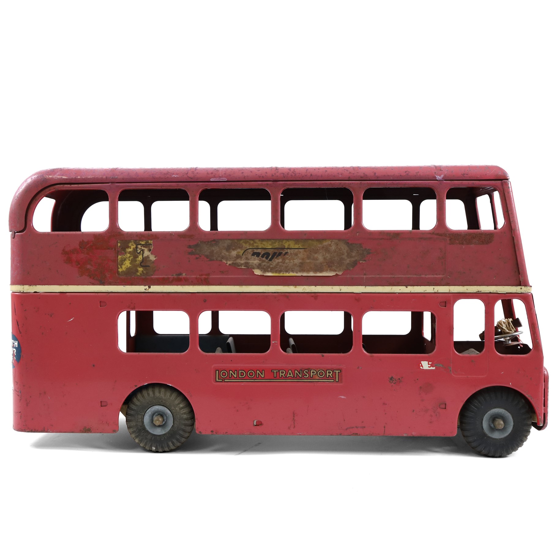 Tri-ang pressed steel pull-along London Transport Routemaster Double-Decker Bus, LIB4242, Route no.93 with destinations Wimbledon, Morden and Putney BDG Station, with red London Transport livery, blue interior, with pull cord and bell, H32cm, L57cm