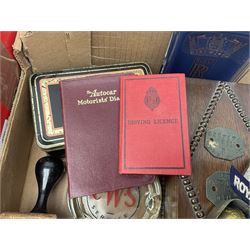 20th century brass perpetual desk calendar of triangular form, together with Mauchlin ware box (a/f), olive wood box, box with beaded decoration, other treen etc, Lesney Model of Yesteryear ashtray limited edition 1911 Renault and another similar, Royal Signals Corps buttons, motor ephemera, other misc 