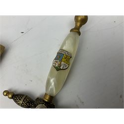 Malayan Kris dagger, the 31.5cm double edged straight heavy damascus blade with copper ferrule; carved hardwood grip; in large wooden throated scabbard with floral decorated white metal covering L47.5cm overall; a kris blade with adapted antler grip; and five various small daggers/letter openers (7)