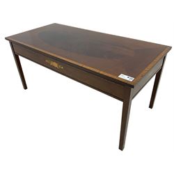 Edwardian Revival inlaid mahogany coffee table, rectangular satinwood banded top with central figured oval panel, the frieze rails inlaid with flowerheads, on square tapering supports