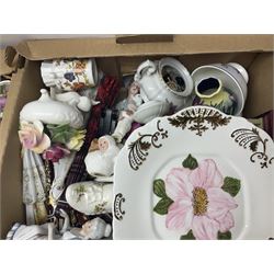 Wedgwood Jasperware biscuit barrel and vase, together with a collection of other ceramics including trinket boxes, flower displays and figures, etc in three boxes